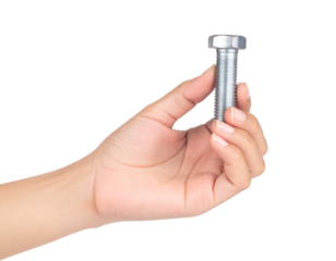 Hand Holding a Large Steel Bolt Isolated on White Background