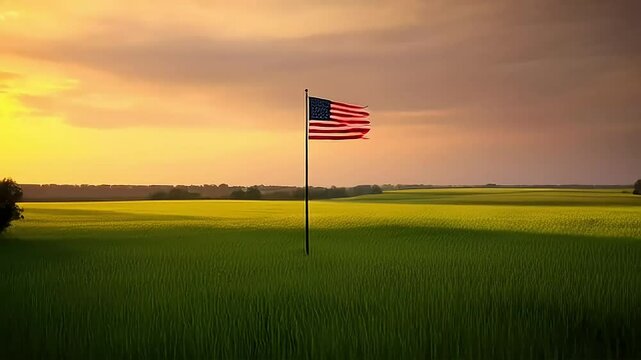 A flag waves on a green golf course under a blue sky show the independence day of 4 july
