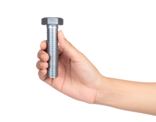 Hand Holding a Large Steel Bolt Isolated on White Background