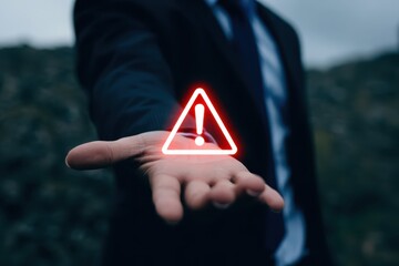 Hand holding a glowing caution sign.
