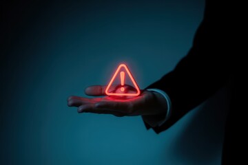 Illuminated caution sign held in a hand.