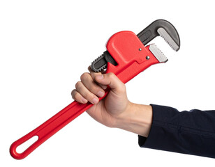 Hand Holding Red Pipe Wrench Isolated on White Background