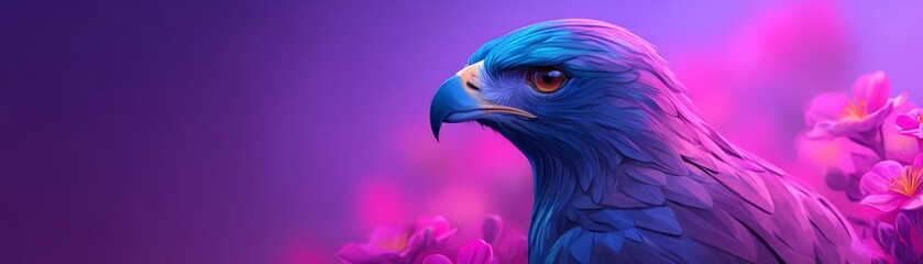 A majestic blue hawk perched among vibrant flowers.