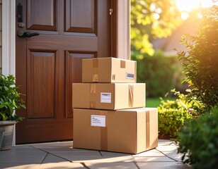 Delivered Parcels: Three packages neatly stacked on a doorstep, ready to be received, capturing the essence of online shopping and delivery.
