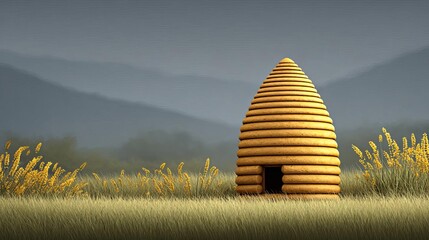 A unique beehive structure in a serene landscape, symbolizing nature.