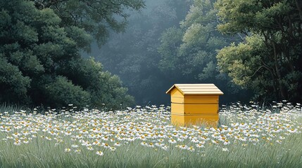 A serene yellow beehive surrounded by a field of blooming flowers.