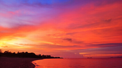 Sunset beach landscape, beautiful sea sunrise, ocean tropical island, red orange pink purple sky background, colorful clouds, palm trees silhouette, paradise nature, summer holidays, vacation, travel