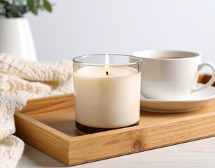 Tea and coffee cups with burning candle for relaxing atmosphere