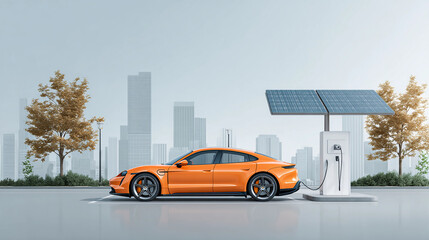 Fototapeta premium Vibrant Orange Car Parked on Urban Street Amidst Skyscrapers and City Life Creating a Lively Scene
