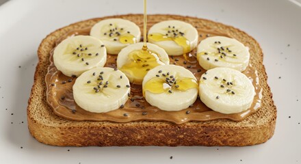 Sweet Toast with Banana Slices and Honey Drizzle on Brown Bread