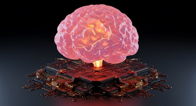Glowing brain positioned above intricate circuit board symbolizing artificial intelligence advancement - Powered by Adobe