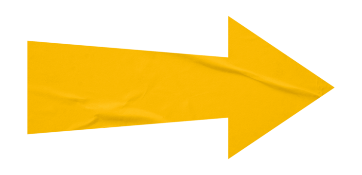 Yellow crumpled paper arrow isolated on transparent background