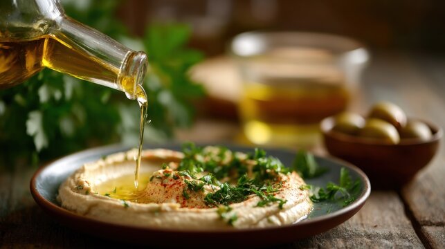 hummus in a ceramic bowl and olive oil dark background