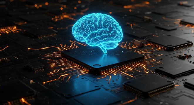 Glowing digital brain symbolizing artificial intelligence on a futuristic circuit board - Powered by Adobe
