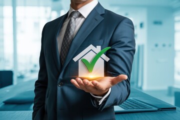 Businessman holds a house icon with a checkmark in his hand.