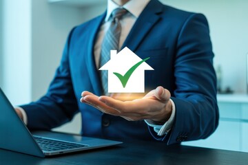 A businessperson holds a graphic of a home with a checkmark.