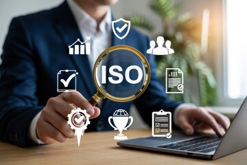 Businessman working with iso certification icons.