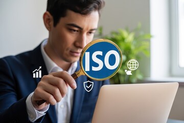 Businessperson examines iso certification through a magnifying glass.