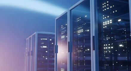 Close up view of multiple server racks with glowing lights in a blue environment