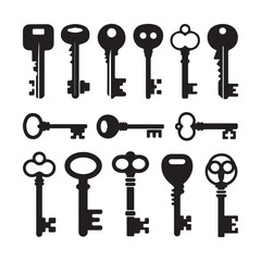Collection of Vintage Key Silhouettes Black and White Keys Graphic Design Elements