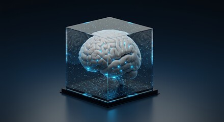 Futuristic 3d rendering of a human brain encased within a transparent digital cube.
