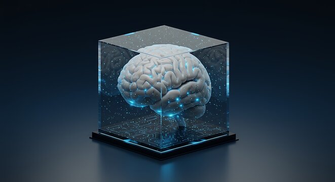 Futuristic 3d rendering of a human brain encased within a transparent digital cube.
