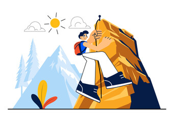 Rock Climbing Vector Illustration Featuring a Climber Ascending a Rock Wall or Mountain Cliffs as Part of Extreme Sports in a Flat Style Background