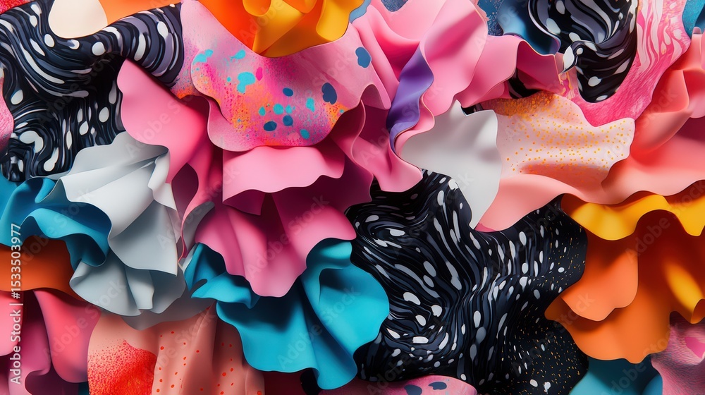 Poster vibrant abstract layers composition featuring dynamic shapes and patterns