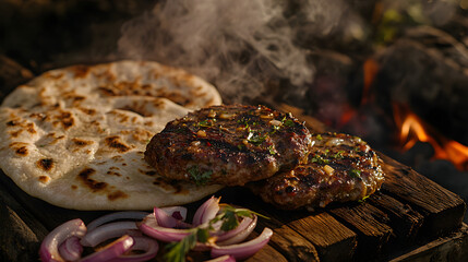 Peshawari chapli kebab with cracked edges and visible herb flecks, served on wooden plank with naan and raw onions, smoke rising from charcoal grill in background, best food