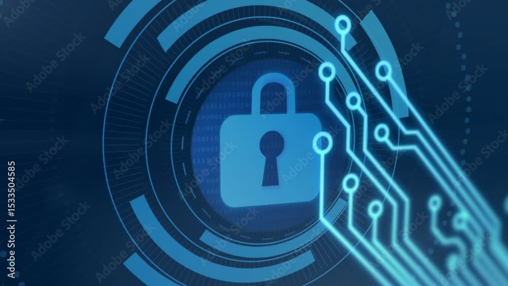 Poster circuit lines emerging from center, rotating rings enclosing padlock pulsing dots securing data