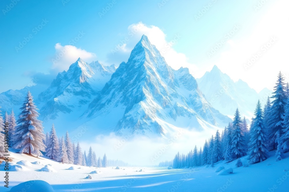 Poster a mountain range covered in snow and trees