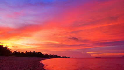 Sunset beach landscape, beautiful sea sunrise, ocean tropical island, red orange pink purple sky background, colorful clouds, palm trees silhouette, paradise nature, summer holidays, vacation, travel