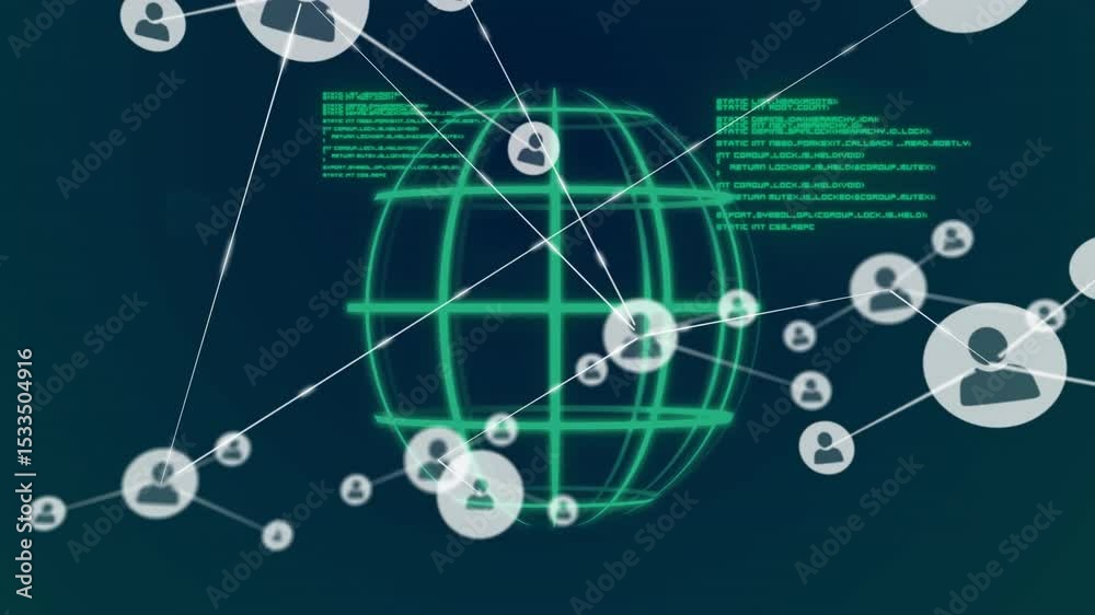 Poster green wireframe globe appearing activating user icons linking for visualizing network expansion