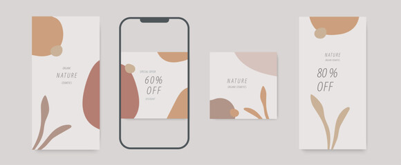 Aesthetic Instagram post template with soft beige tones and abstract organic shapes. Perfect for fashion promotions, lifestyle brands, and minimal product marketing.