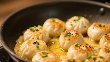 Pan-fried dumplings with crispy bottoms and sesame seeds, garnished with green onions
