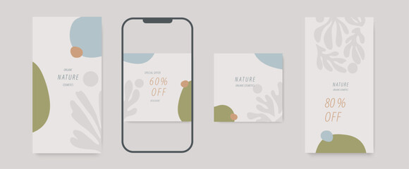 Instagram promotional banner with soft beige and green tones and natural elements. Ideal for eco-product marketing, sustainable brands, and organic sales campaigns.