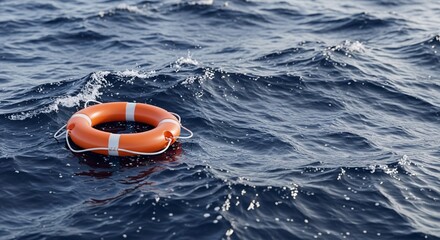 Orange Lifebuoy Floating in Rough Ocean Waves, Safety Rescue Symbol