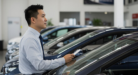 A man examining cars in a showroom. The man is holding some papers while checking a vehicle.