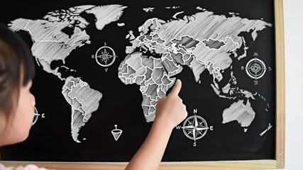 Child Pointing at World Map Chalkboard with Navigational Symbols in Classroom - Powered by Adobe