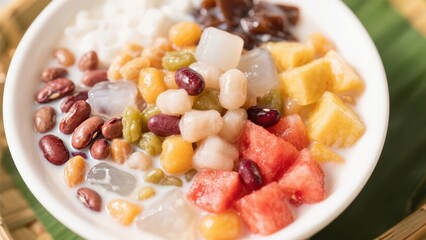 A colorful bowl of mixed fruits, beans, and coconut milk dessert