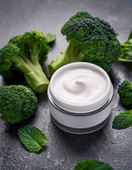 Face cream placed with fresh broccoli and mint leaves, wellness skincare setup on stone background