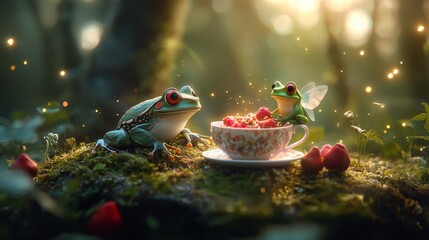 A fairy and a frog having a tea party