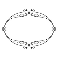 Oval shape frame with floral motifs. Baroque style. Black and white linear silhouette.