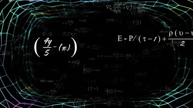 Pulse initiating wireframe polygon tunnel pulsing grid spinning, formulas animating showing science
