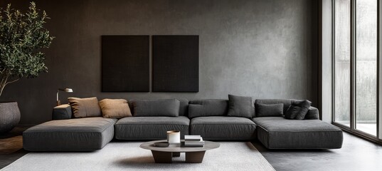 Photo of a minimalist living room with an elegant sofa and coffee table against a blank wall for mockup, featuring soft gray tones and clean lines.