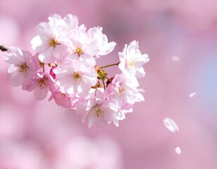 Fototapeta premium Delicate pink cherry blossoms in full bloom, petals falling gently. Perfect for spring themes.