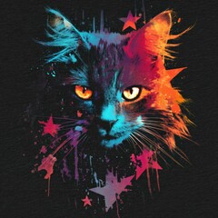 Colorful artistic representation of a cat with vivid colors and star motifs at a gallery exhibit