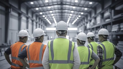 Dedicated construction worker team observing industrial warehouse production