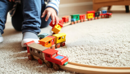 Child's Hands Playing with Colorful Wooden Toy Train on Carpeted Floor
