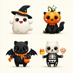 Fototapeta premium Cute Halloween-themed characters in playful costumes celebrating with candy and decorations